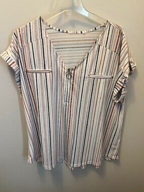 Women's Cute V neck 1/4 zip Blouse, Size XL, White Brown/Black Stripe. Ex Cond!